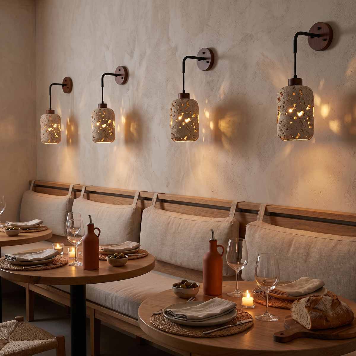 Aplique de pared Uporia de travertino perforado – en fila sobre la banqueta de un restaurante
