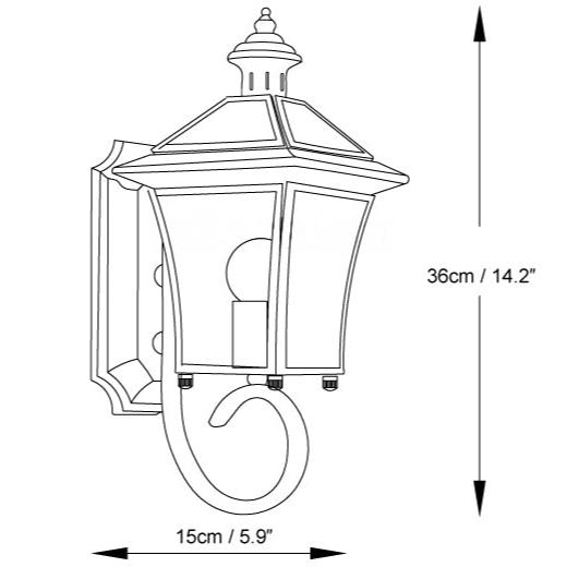 Farol de pared exterior Nurela – dibujo con medidas de 15 cm de ancho y 36 cm de alto