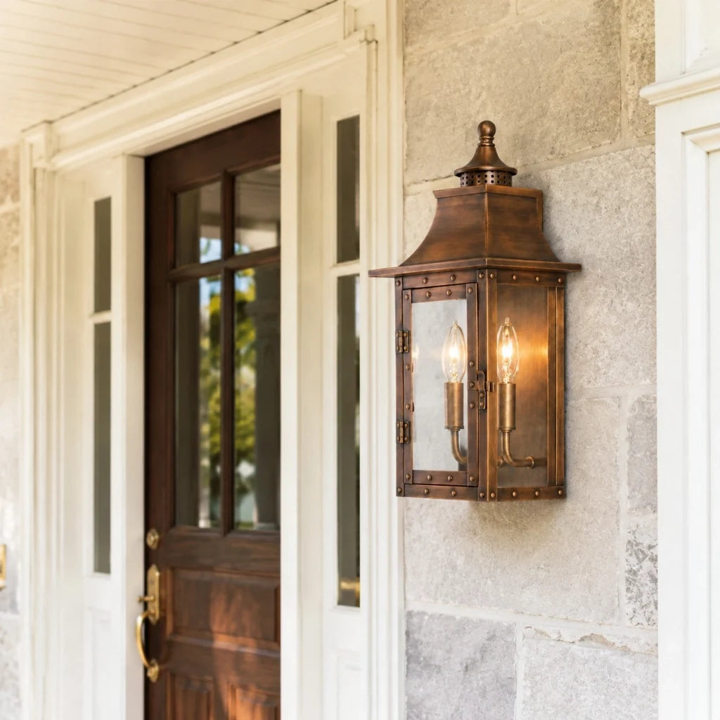 Farol de pared exterior Ocandia – en cobre junto a una puerta de madera