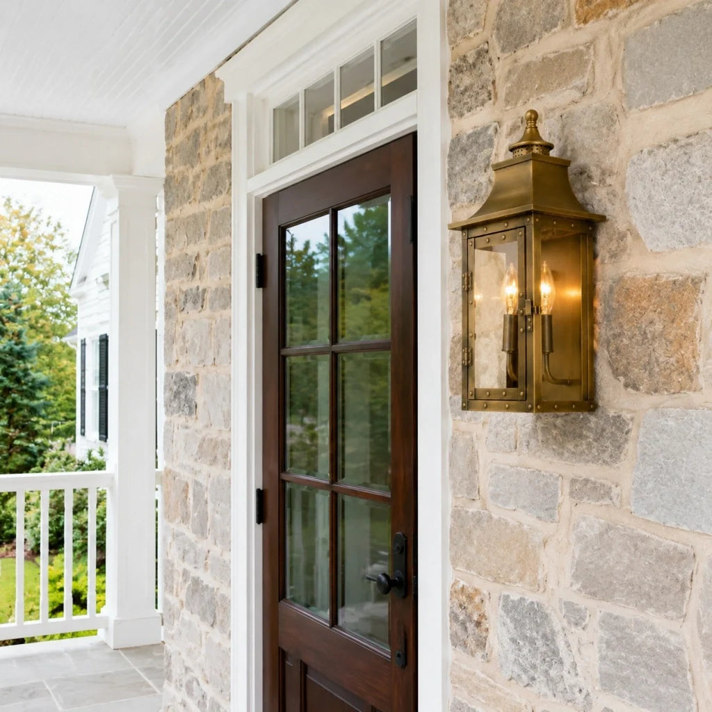 Farol de pared exterior Ocandia – en latón junto a una puerta