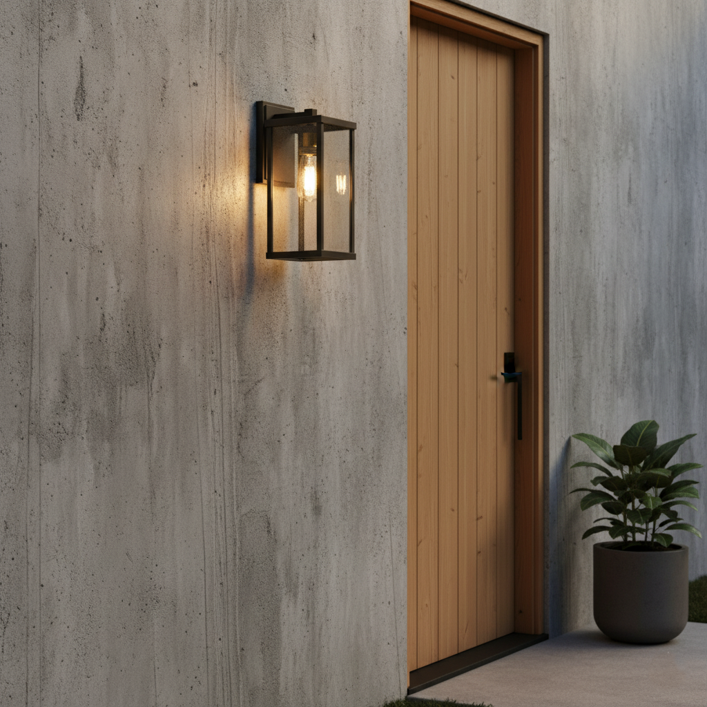 Farol de pared exterior Ofira – junto a una puerta de madera