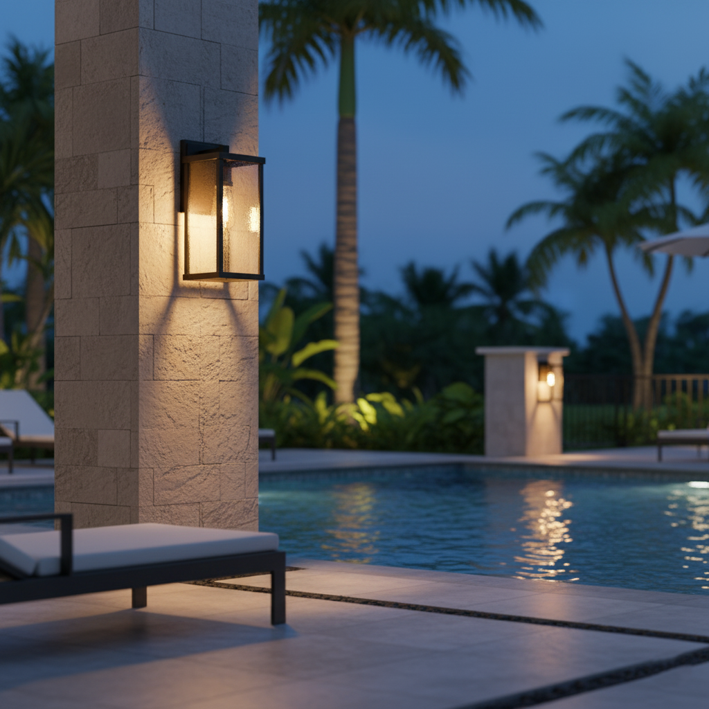 Farol de pared exterior Ofira – junto a una piscina de noche