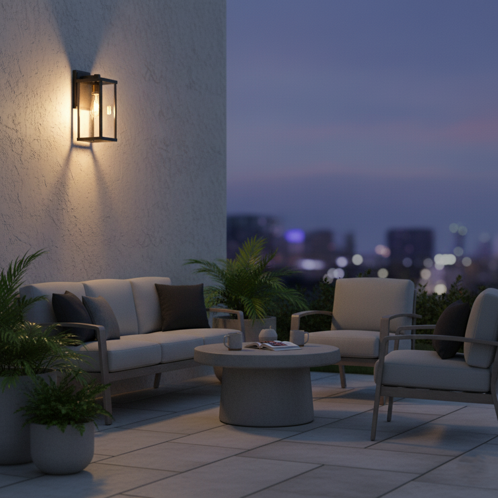 Farol de pared exterior Ofira – en una terraza con sofá