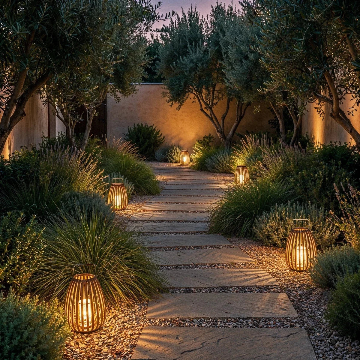 Farol LED de exterior Omimbra – faroles encendidos a lo largo de un camino