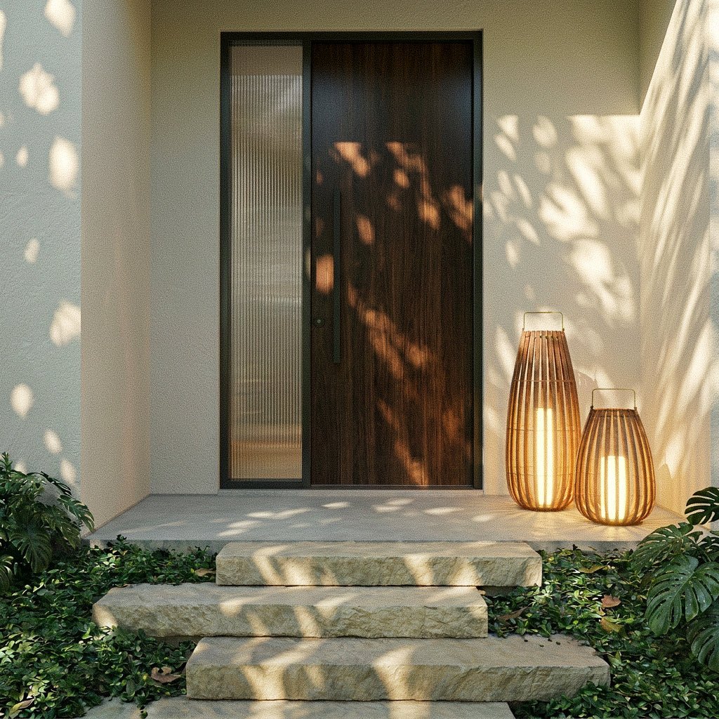 Farol LED de exterior Omimbra – pareja de faroles junto a una puerta