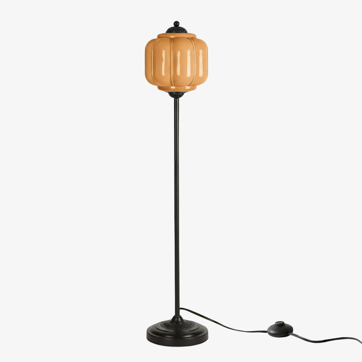 Lámpara de pie retro Tuliana – cristal naranja y acabado negro, pantalla de 25 cm