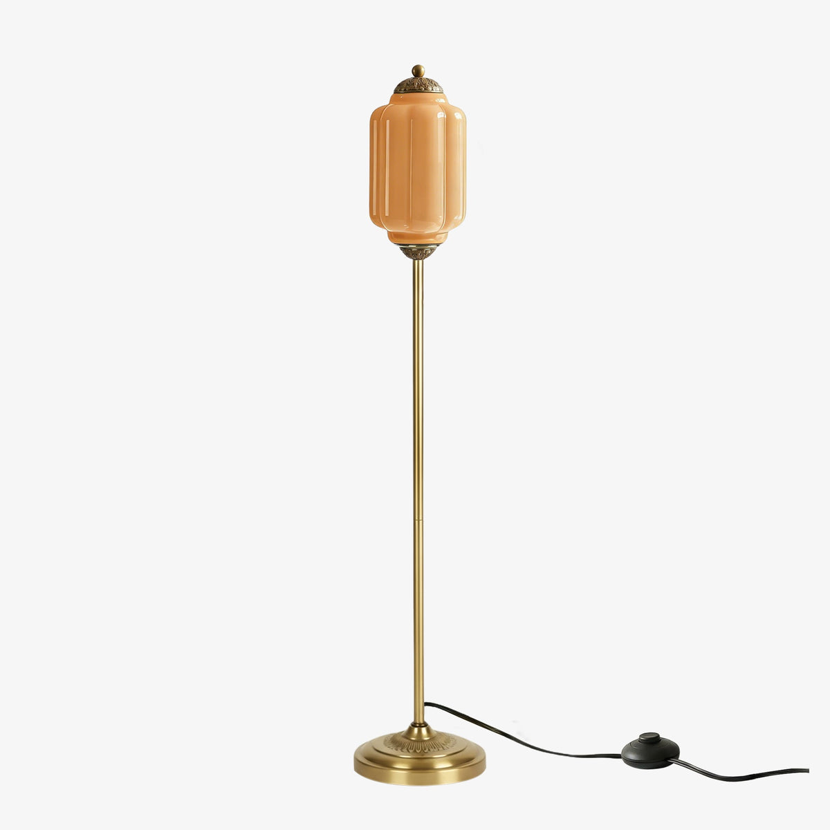 Lámpara de pie retro Tuliana – cristal naranja y acabado latón, pantalla de 14 cm