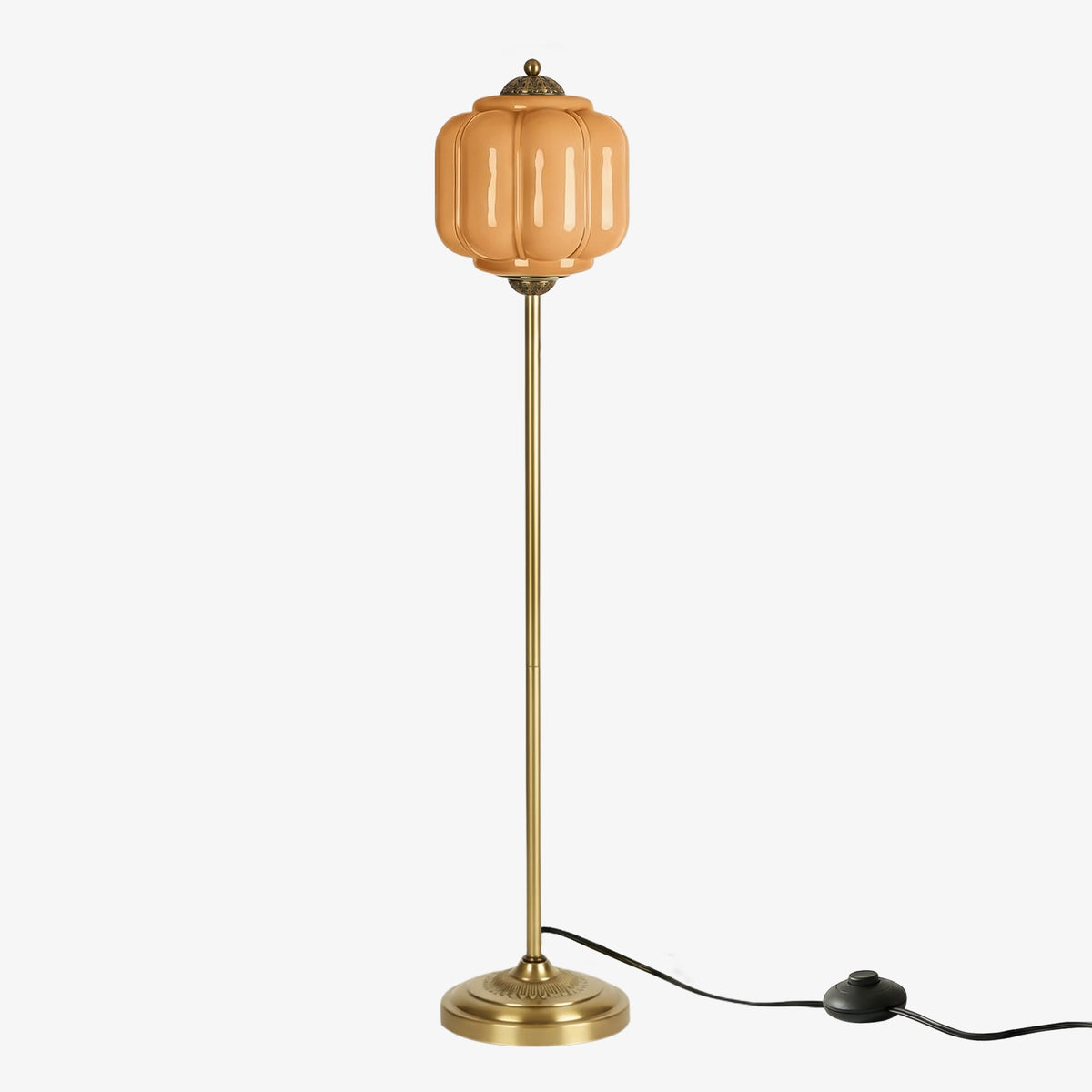 Lámpara de pie retro Tuliana – cristal naranja y acabado latón, pantalla de 25 cm