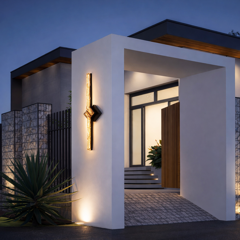 Aplique de pared LED Oscena – negro junto a un porche al anochecer