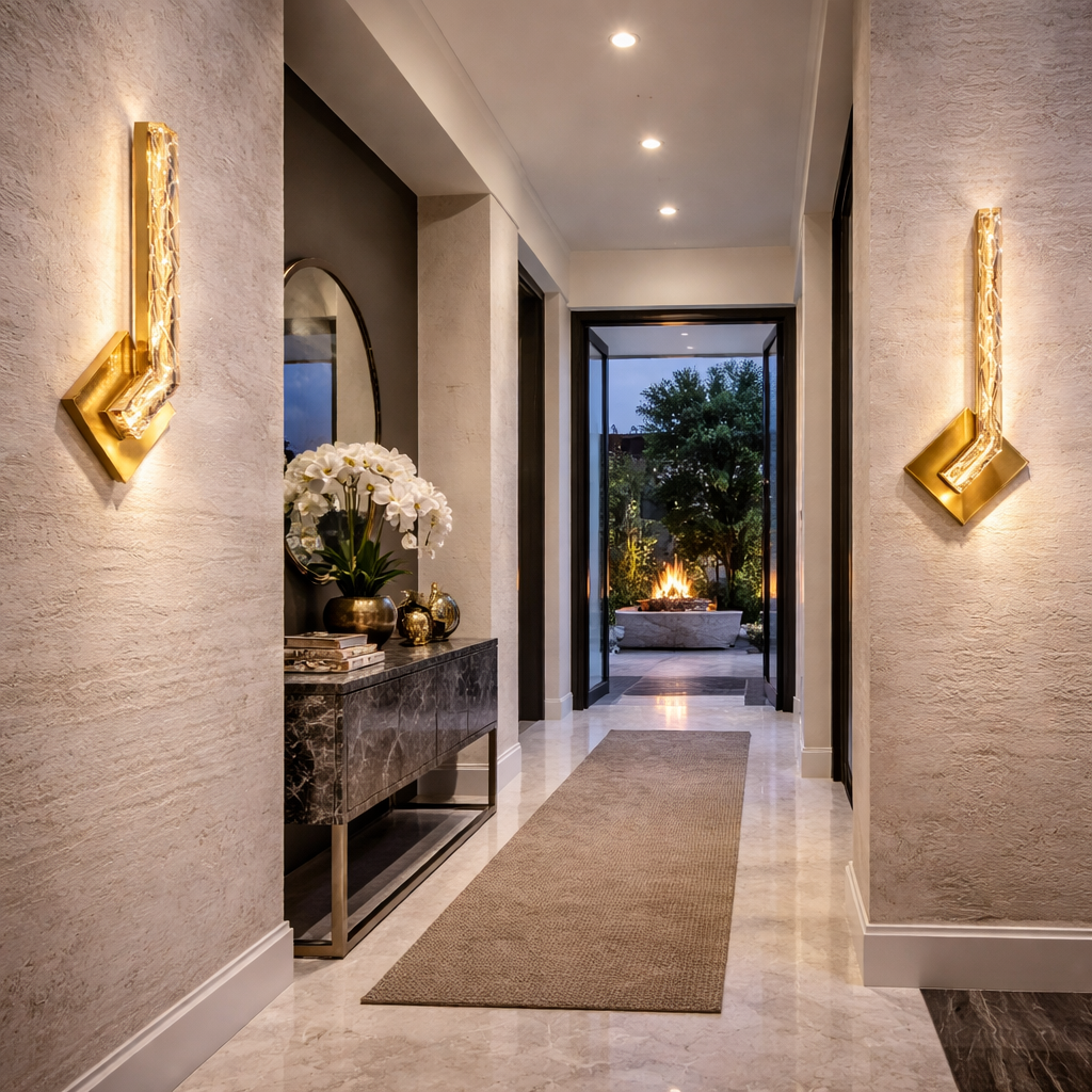 Aplique de pared LED Oscena – en latón en un recibidor