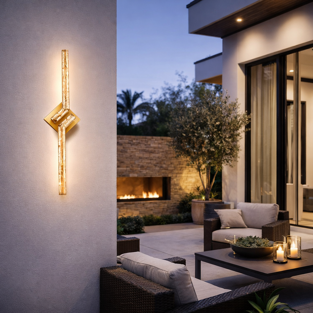 Aplique de pared LED Oscena – en latón en una terraza con chimenea