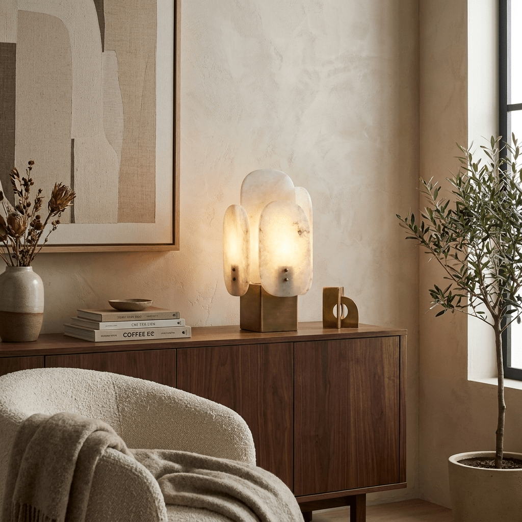 Lámpara de mesa de alabastro Petala – iluminando un salón con butaca de bouclé