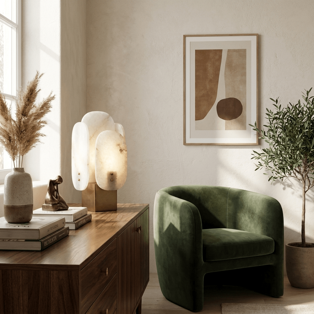 Lámpara de mesa de alabastro Petala – apagada en un salón con sillón verde