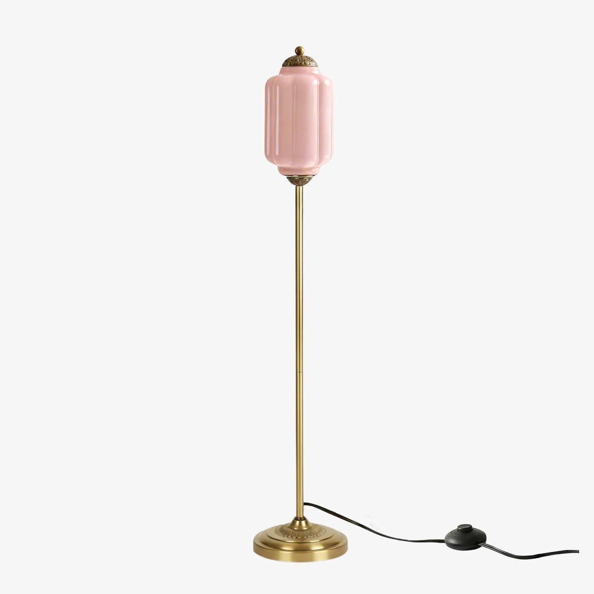 Lámpara de pie retro Tuliana – cristal rosa y acabado latón, pantalla de 14 cm