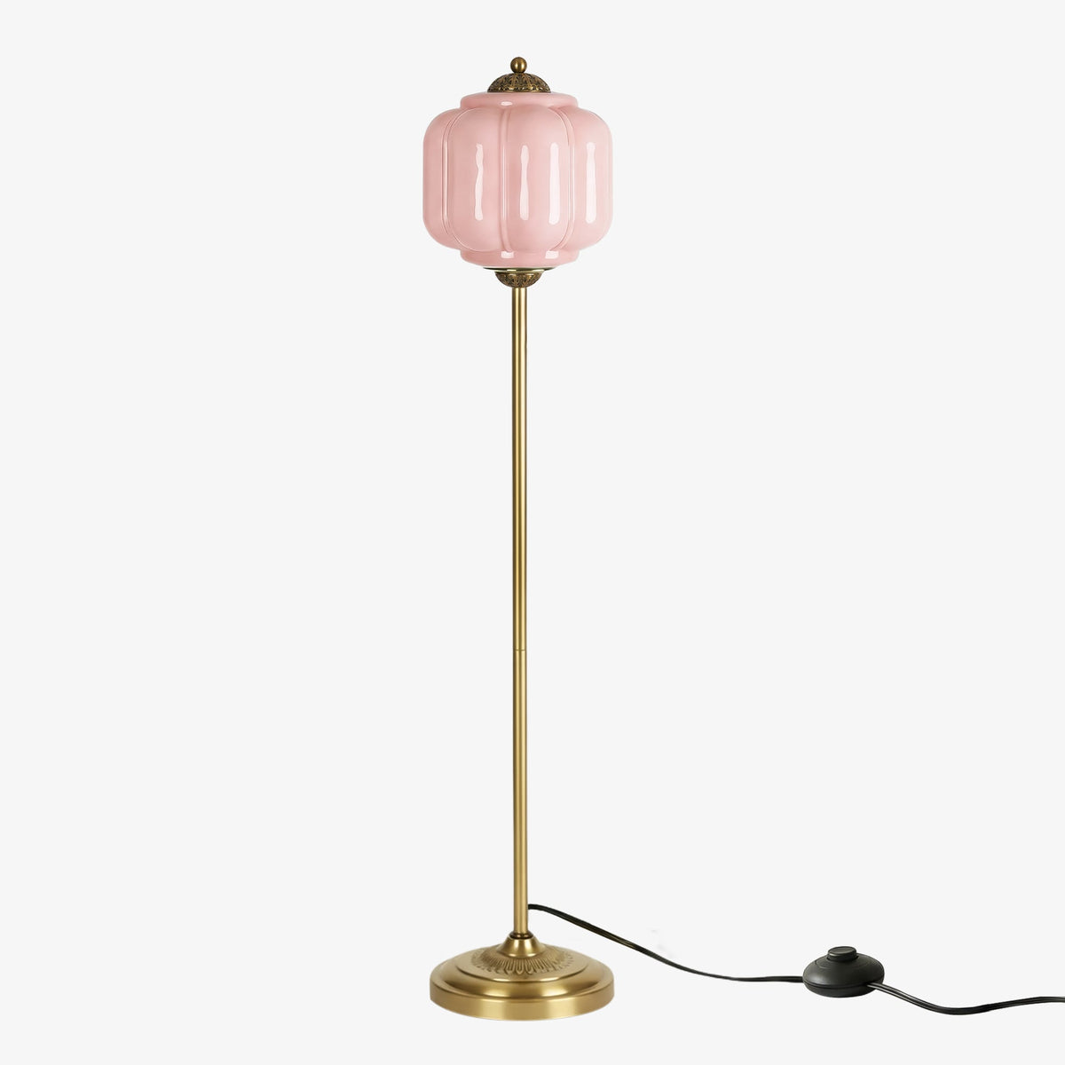 Lámpara de pie retro Tuliana – cristal rosa y acabado latón, pantalla de 25 cm