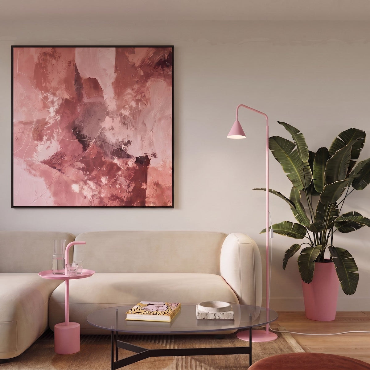 Lámpara de pie con pantalla cónica Pelara – rosa, en un salón con cuadro