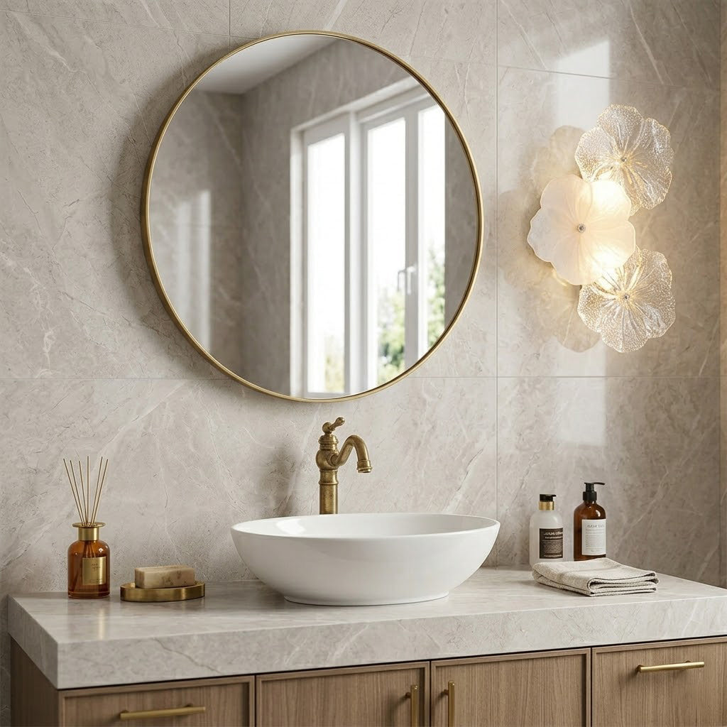 Aplique de pared con flores de cristal Pomelia – junto a un espejo redondo
