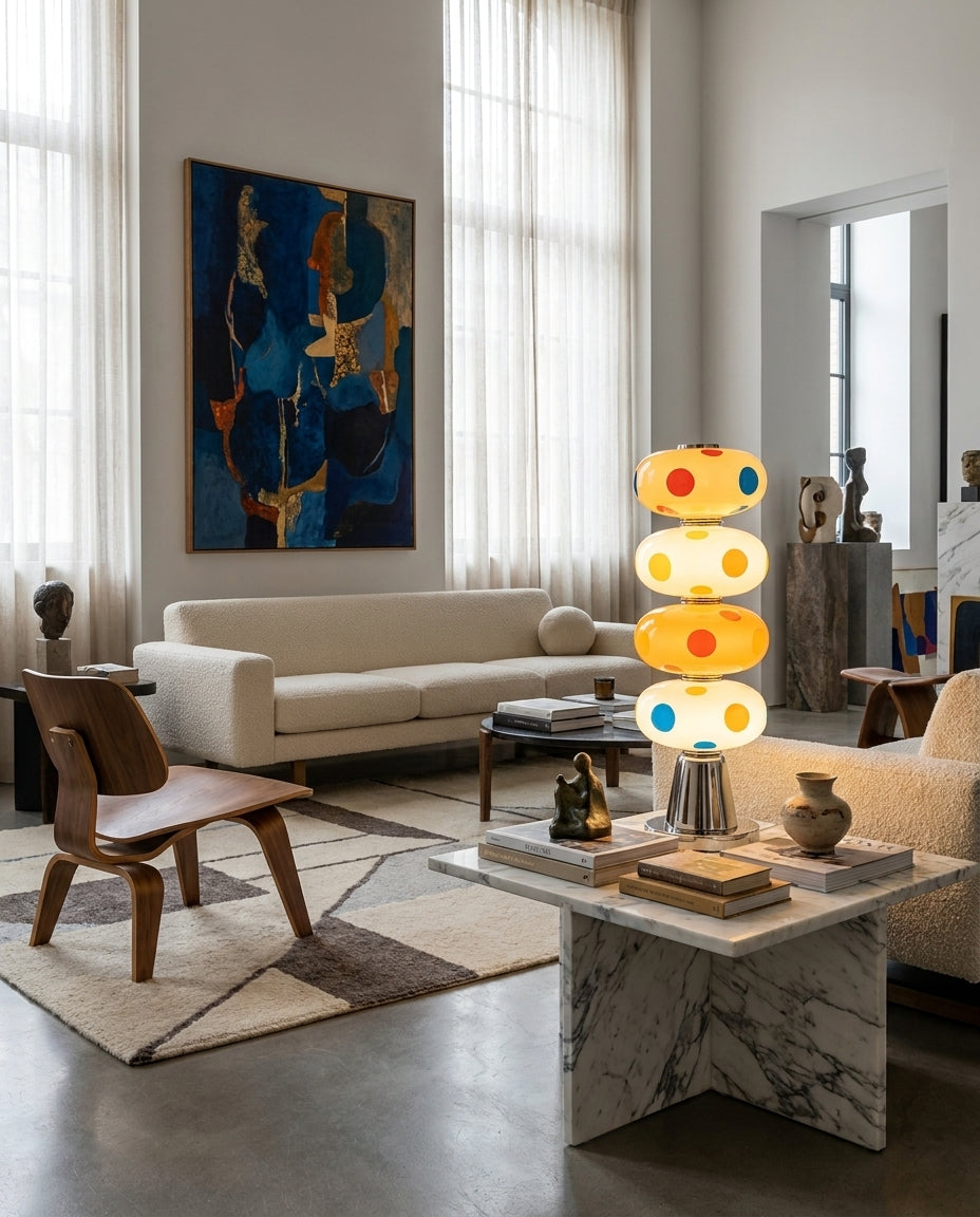 Lámpara de mesa LED de vidrio multicolor Pompona sobre una consola de mármol – imagen 11
