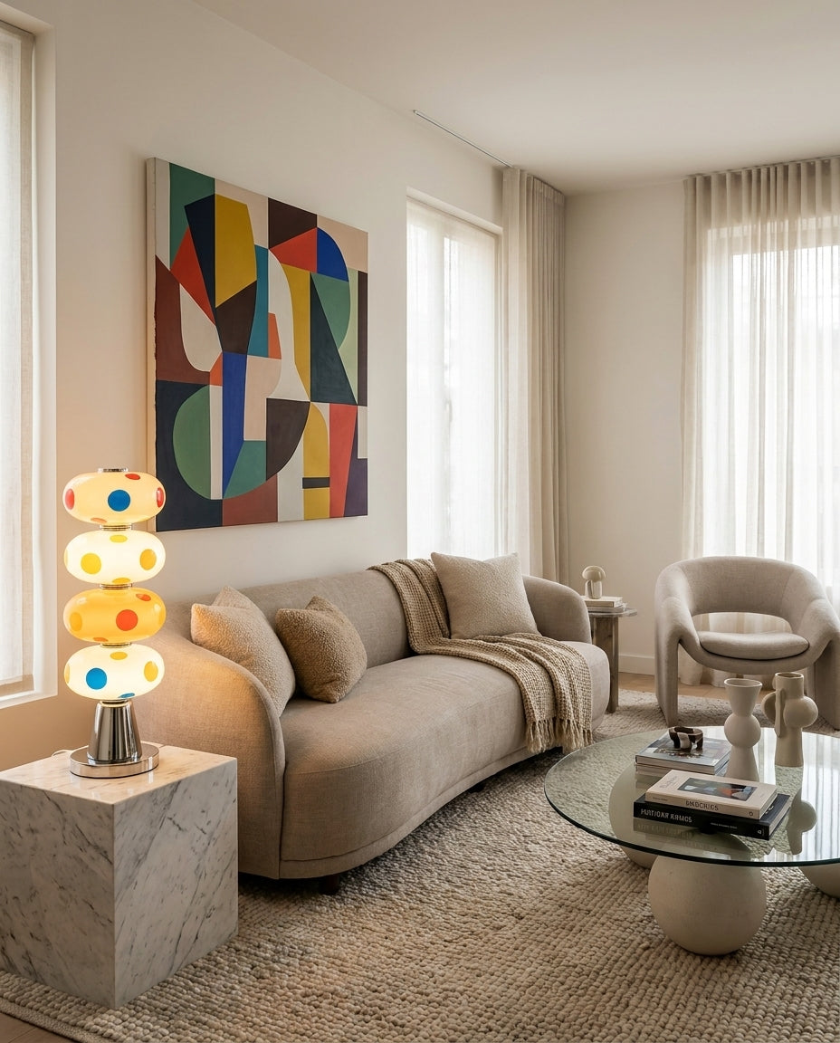 Lámpara de mesa LED de vidrio multicolor Pompona sobre una consola de mármol – imagen 7
