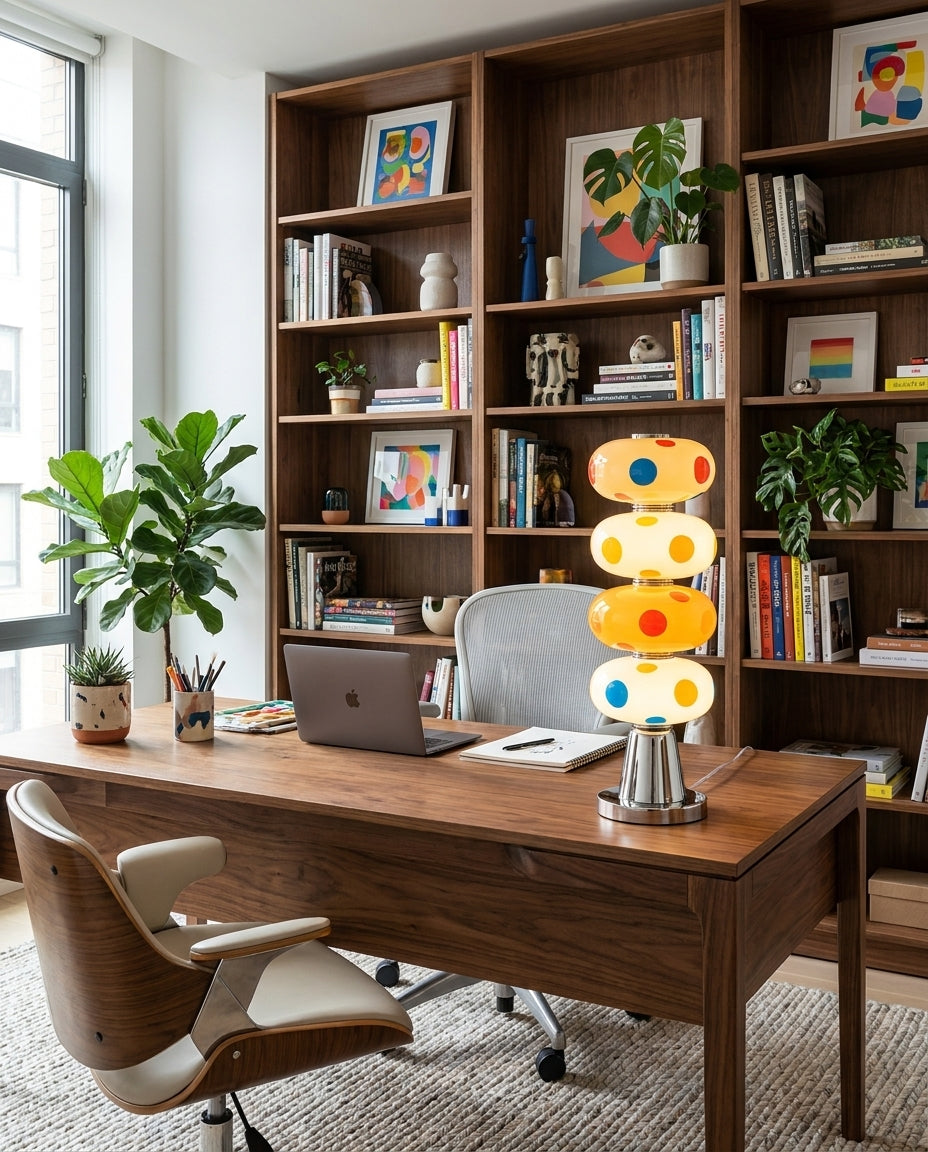 Lámpara de mesa LED de vidrio multicolor Pompona sobre una consola de mármol – imagen 9