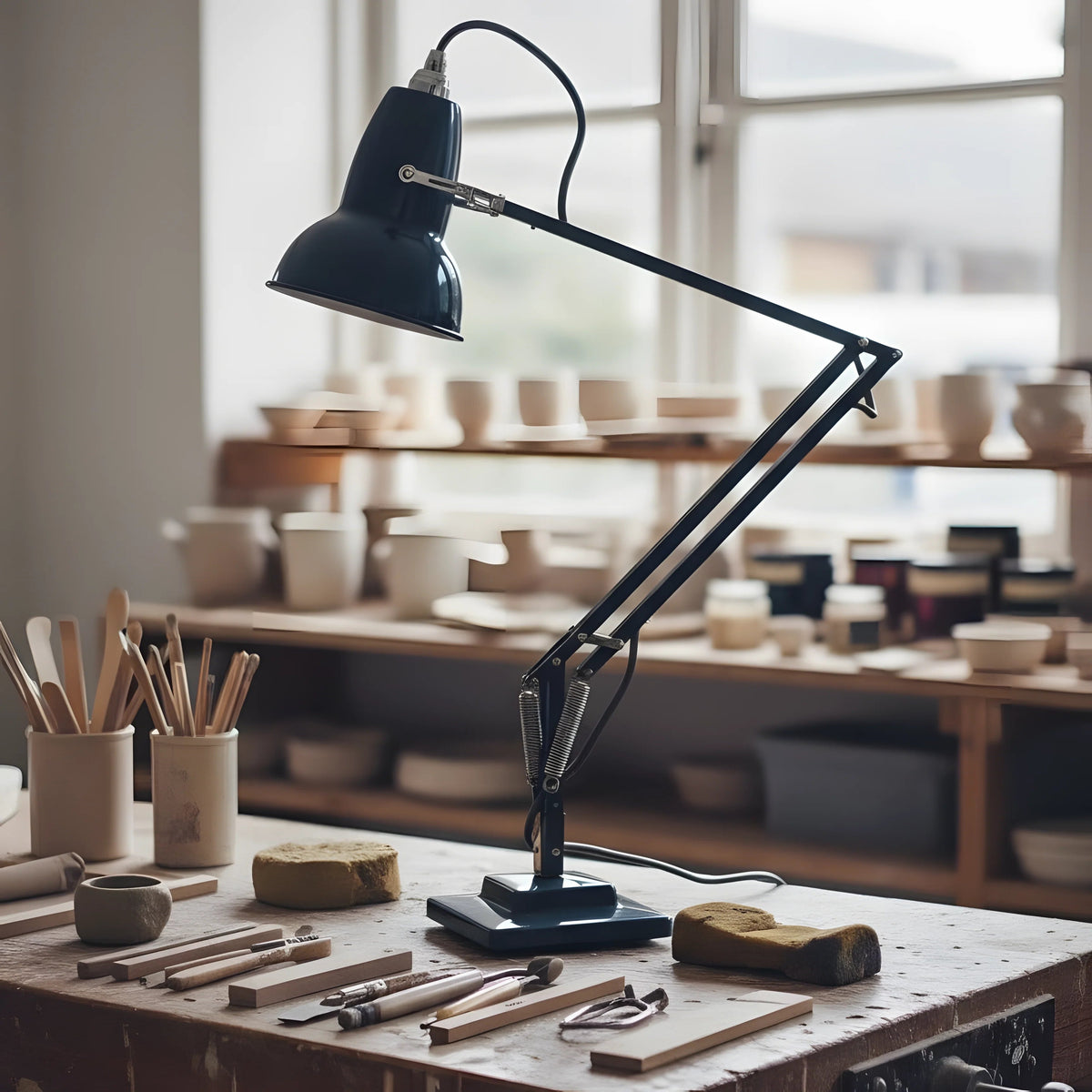 Lámpara de escritorio industrial Quinela sobre un escritorio de madera – imagen 10