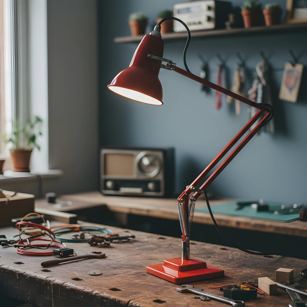 Lámpara de escritorio industrial Quinela sobre un escritorio de madera – imagen 20