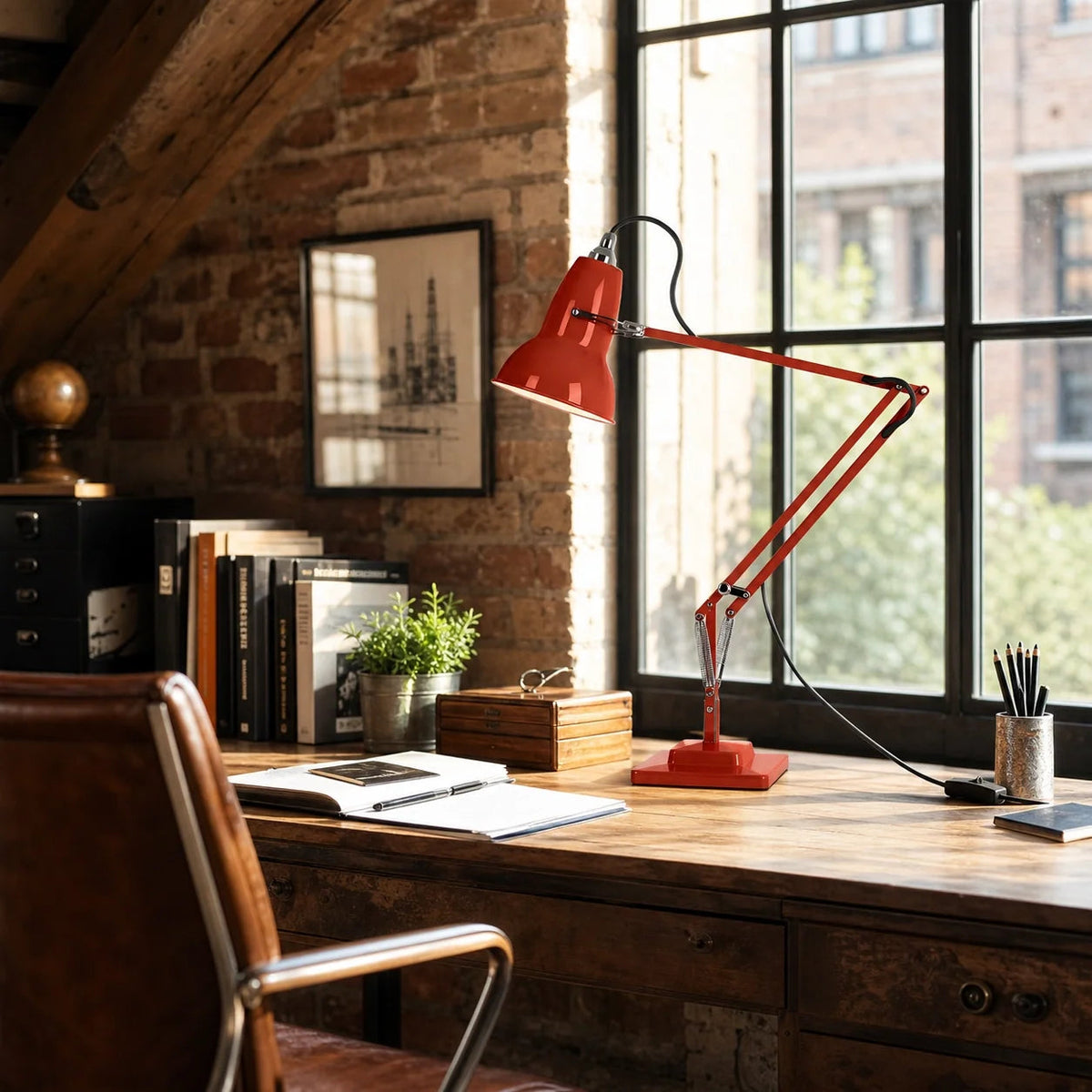 Lámpara de escritorio industrial Quinela sobre un escritorio de madera – imagen 4