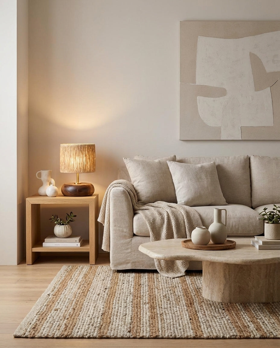 Lámpara de mesa de rafia y madera Rafela sobre una mesita auxiliar – imagen 10