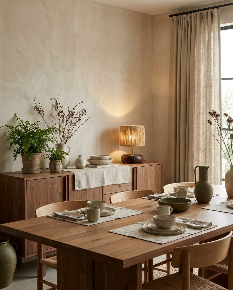 Lámpara de mesa de rafia y madera Rafela sobre una mesita auxiliar – imagen 12