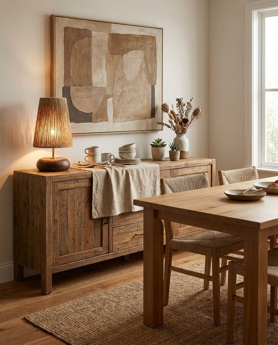 Lámpara de mesa de rafia y madera Rafela sobre una mesita auxiliar – imagen 14