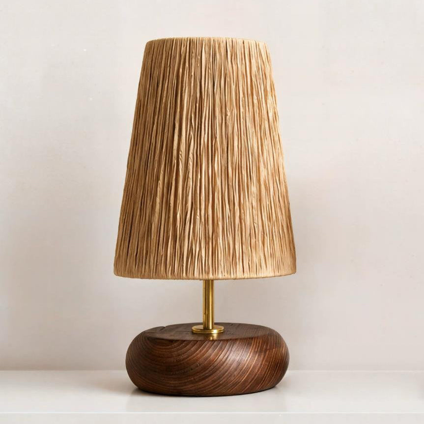 Lámpara de mesa de rafia y madera Rafela – pantalla cónica Ø 20 cm × 42 cm