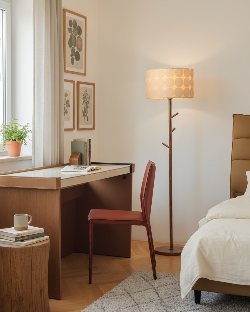 Lámpara de pie perchero Ramiela en un dormitorio de estilo nórdico – imagen 4