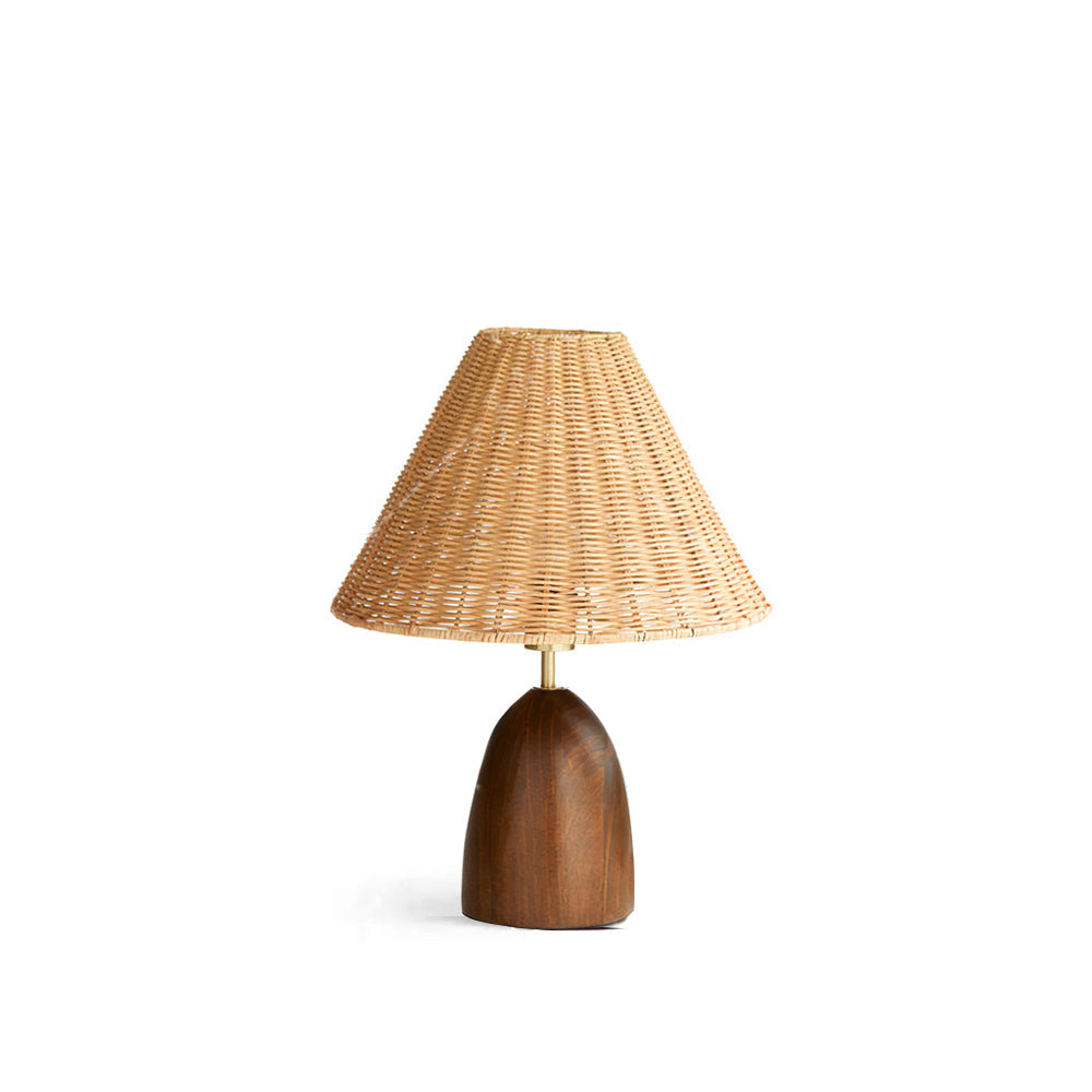 Ratelia - Lámpara de Mesa de Ratán Natural con Base de Madera Nogal