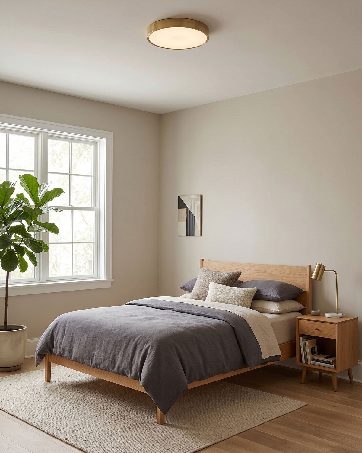 Plafón LED ultrafino de latón Aurino – en un dormitorio luminoso