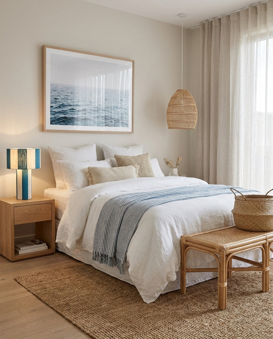 Lámpara de mesa a rayas Rayuna – en un dormitorio luminoso