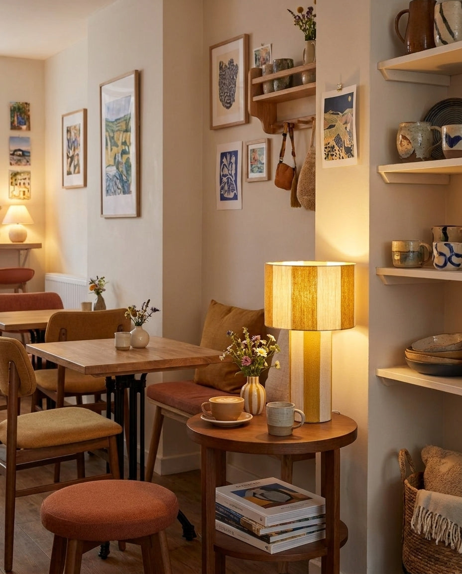 Lámpara de mesa a rayas Rayuna – en un rincón de comedor