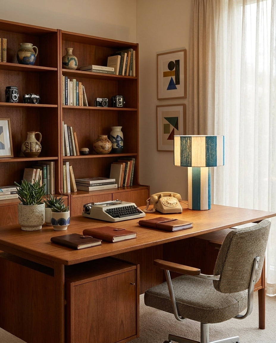 Lámpara de mesa a rayas Rayuna – en un despacho con estanterías