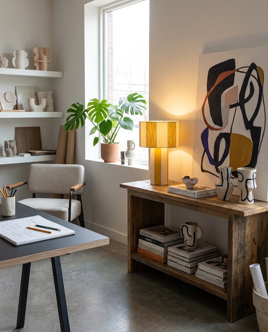 Lámpara de mesa a rayas Rayuna – sobre un escritorio de estudio