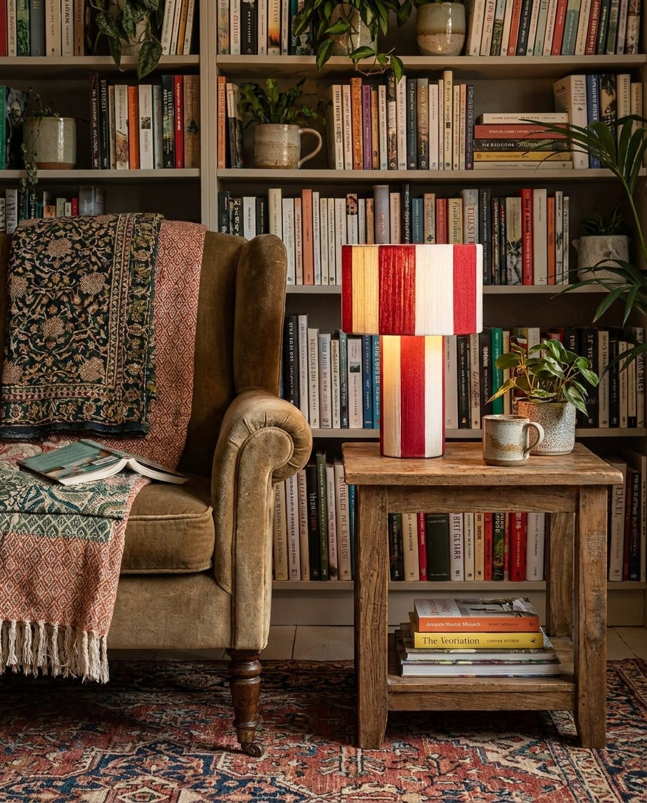 Lámpara de mesa a rayas Rayuna – en una biblioteca junto a un sillón