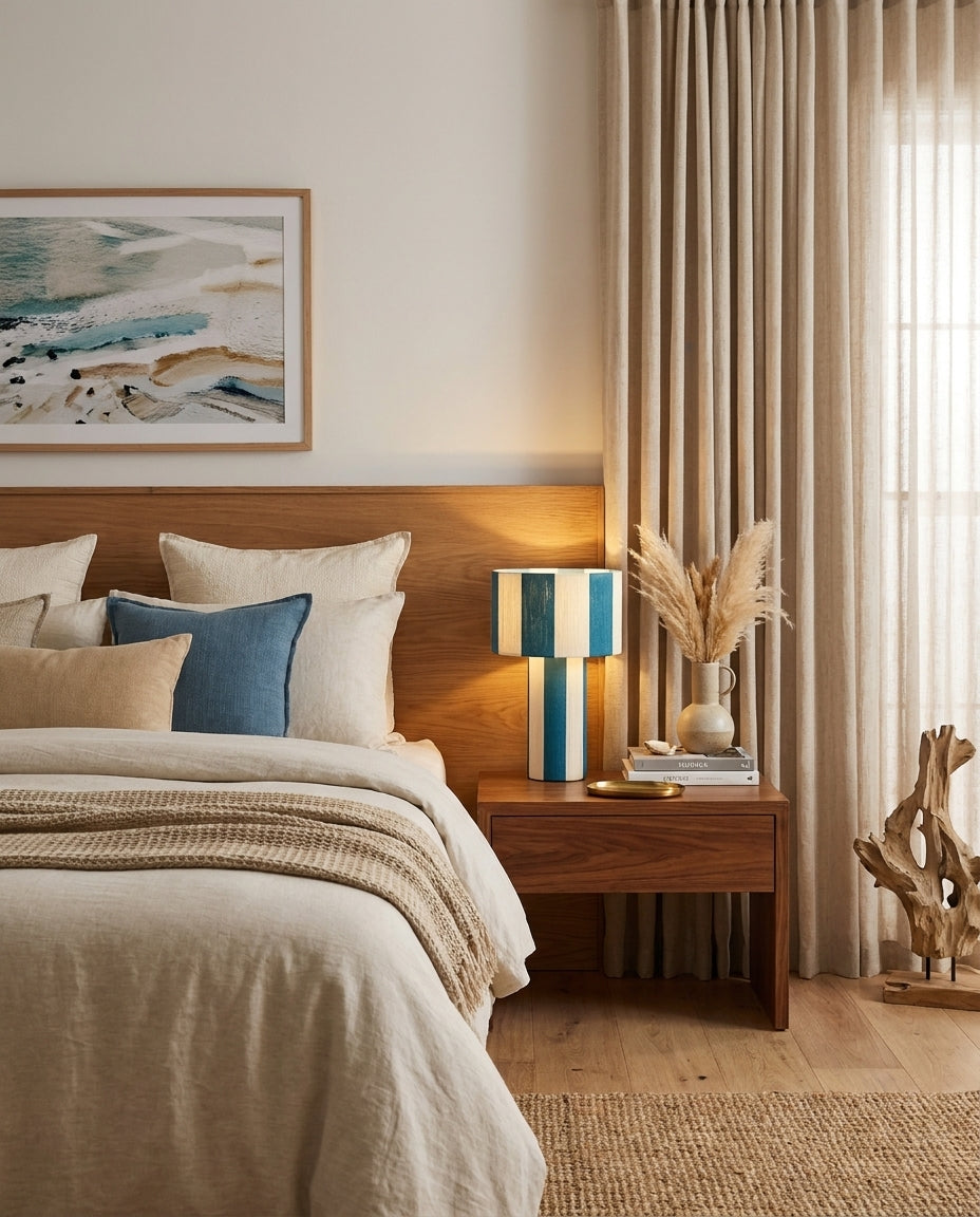 Lámpara de mesa a rayas Rayuna – en un dormitorio de aire costero