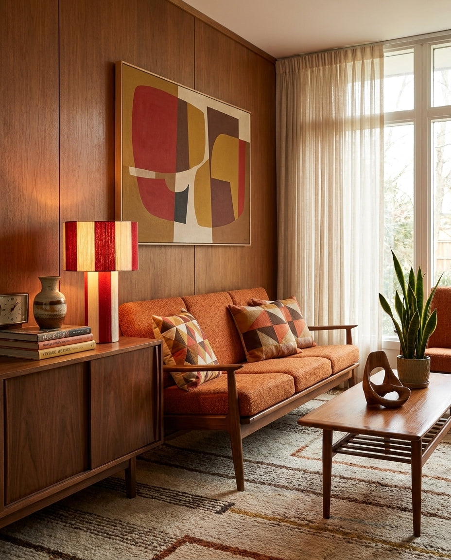 Lámpara de mesa a rayas Rayuna – en un salón mid-century