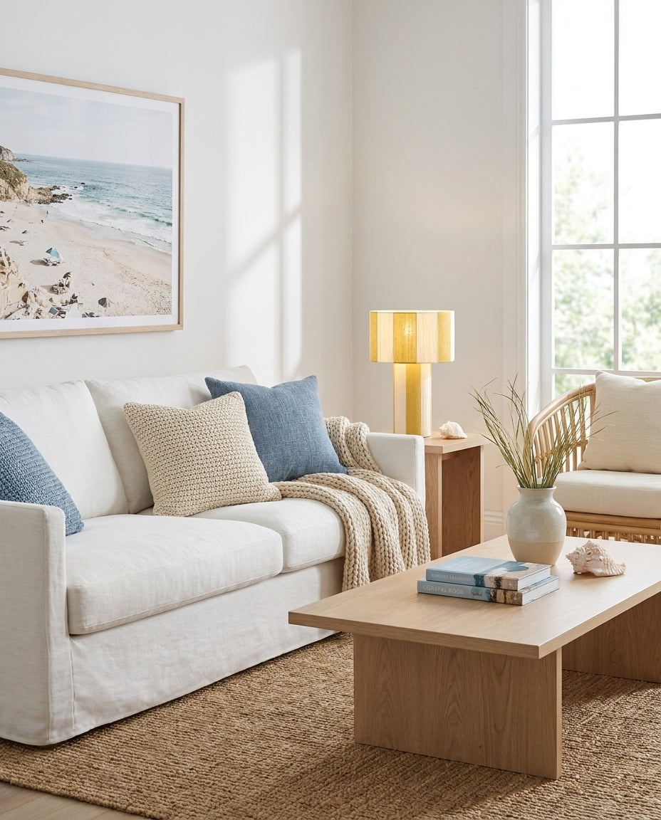 Lámpara de mesa a rayas Rayuna – en un salón de estilo costero