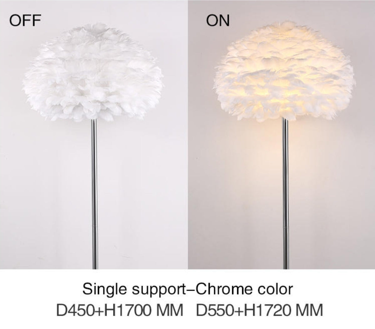 Lámpara de pie con pantalla de plumas blancas Sedara – pie único cromado apagado y encendido