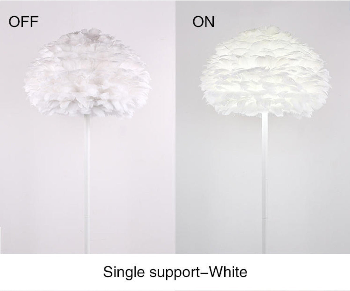 Lámpara de pie con pantalla de plumas blancas Sedara – pie único blanco apagado y encendido
