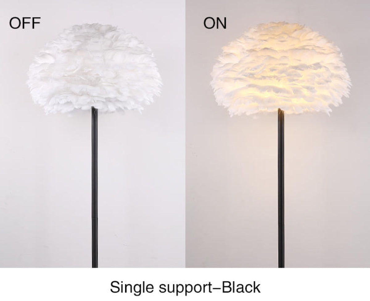 Lámpara de pie con pantalla de plumas blancas Sedara – pie único negro apagado y encendido