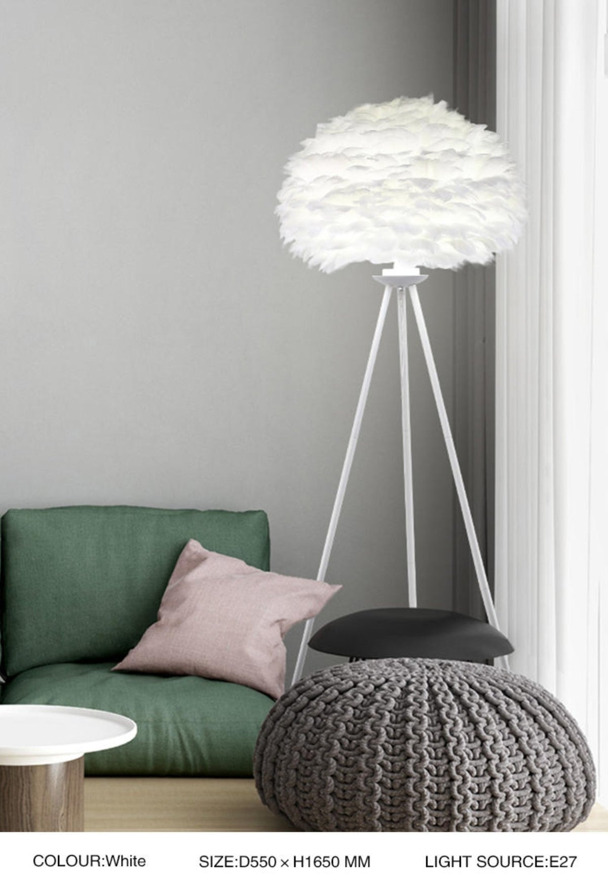 Lámpara de pie con pantalla de plumas blancas Sedara – trípode blanco de Ø 55 cm