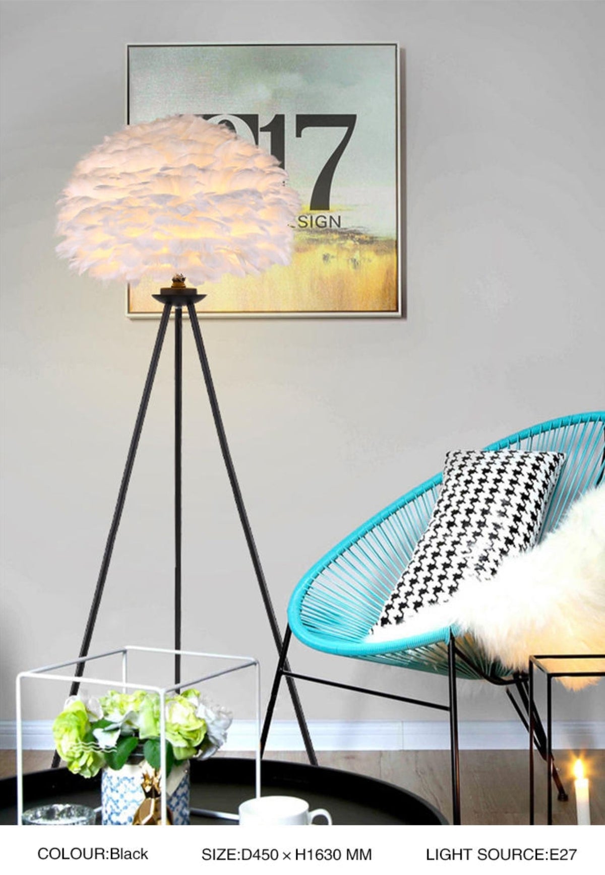 Lámpara de pie con pantalla de plumas blancas Sedara – trípode negro de Ø 45 cm