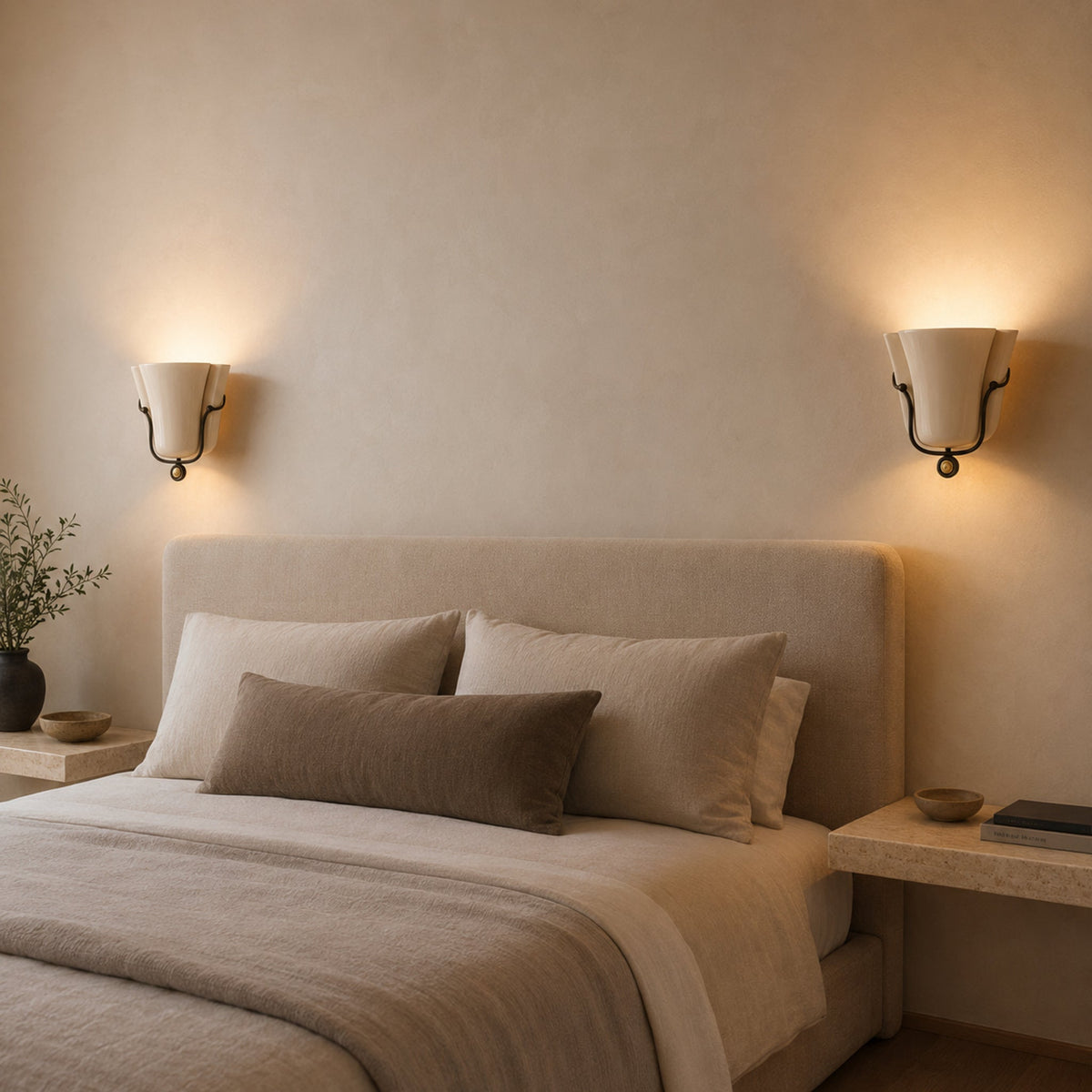 Aplique de pared de cerámica Zelmira – pareja de apliques blancos en un dormitorio