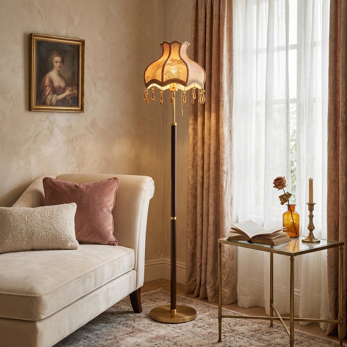 Lámpara de pie vintage Rizandra – junto a un sofá y una ventana con cortinas