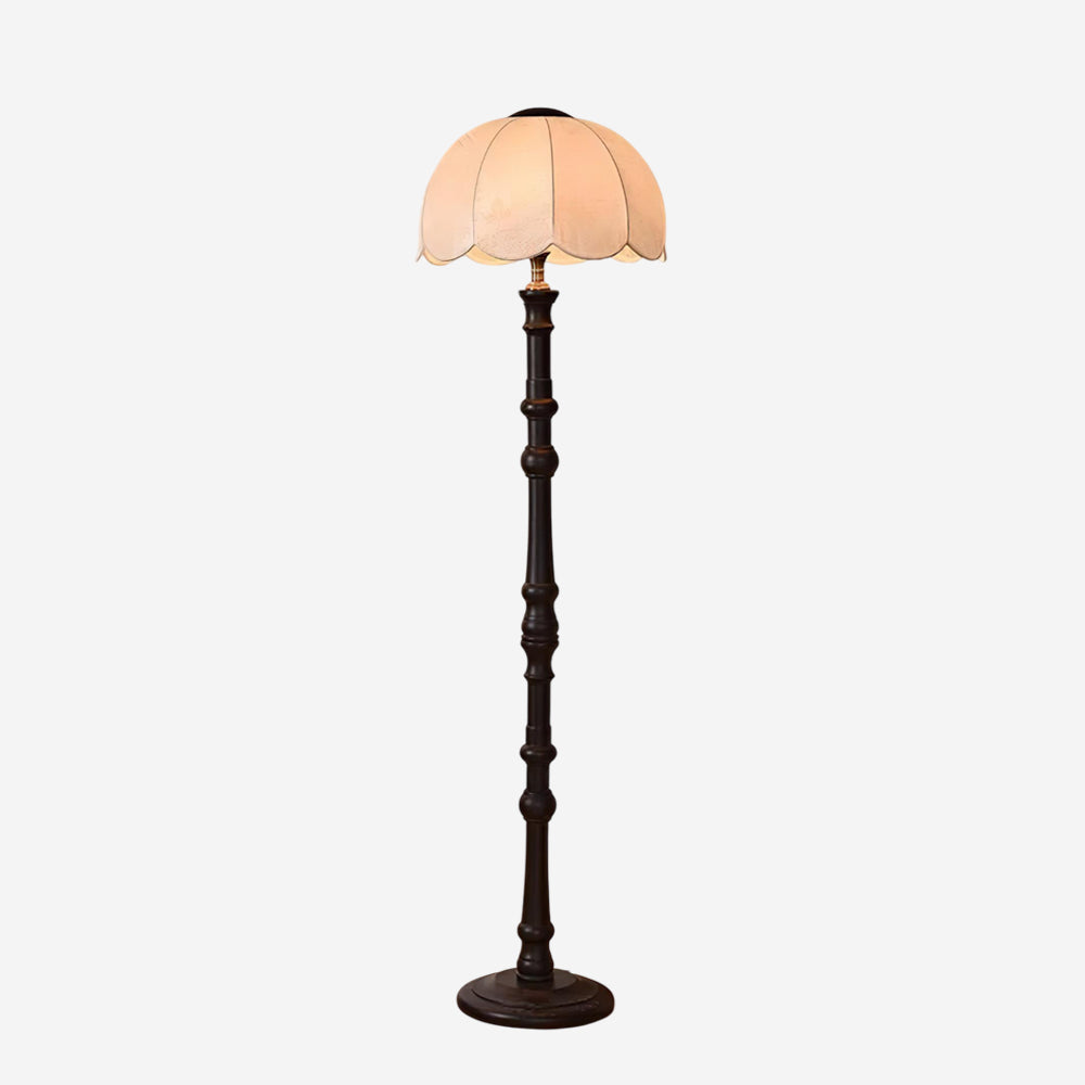 Lámpara de pie vintage con pantalla festoneada Rizanta – acabado negro con pantalla blanca